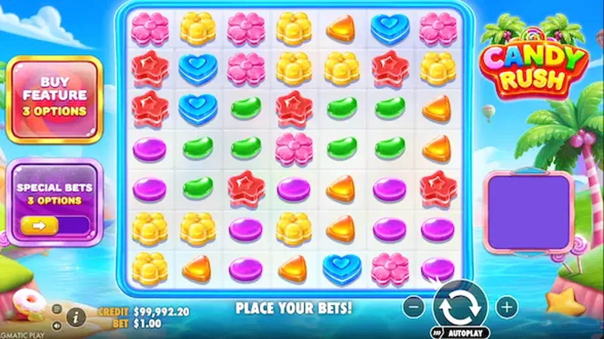 Tampilan visual slot Candy Rush dengan tema permen tropis yang cerah